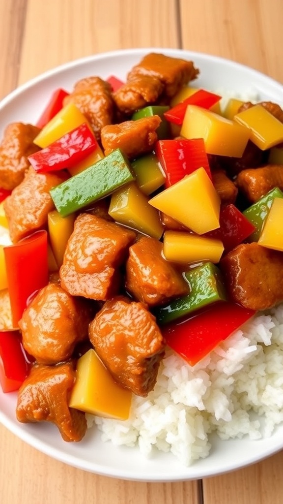 A colorful plate of Sweet and Sour Pork with bell peppers and pineapple served over rice.